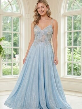 Light Blue Lace Appliqué A-Line Evening Dress